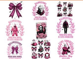 Bundle coquette bow horror movie characters halloween png, pink ghost halloween png
