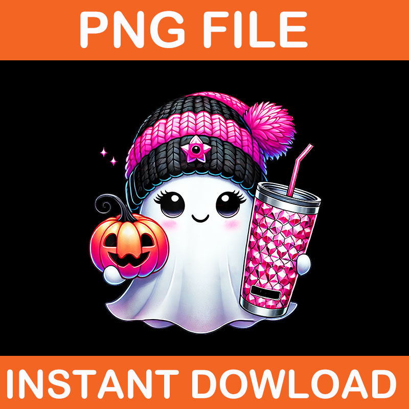 Pink Ghost Drinking Coffee Halloween PNG, Ghost Ice Coffee Halloween PNG