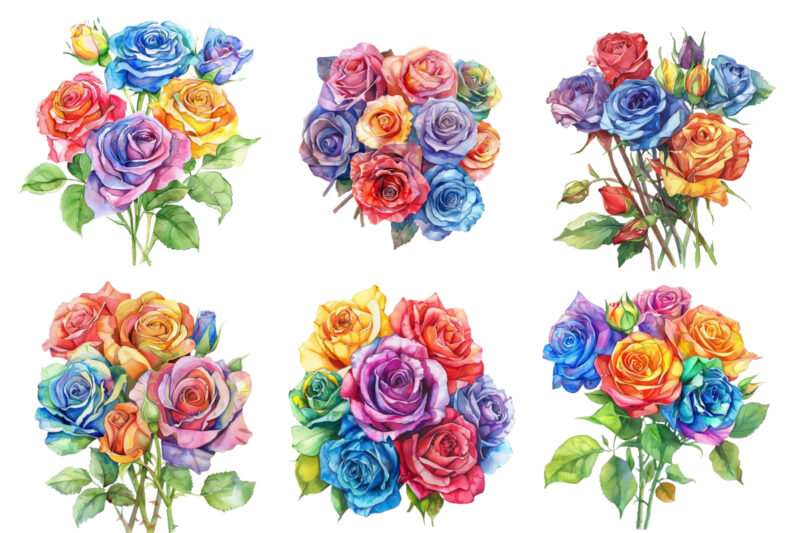Watercolor Bunch of Rainbow Roses Clipart