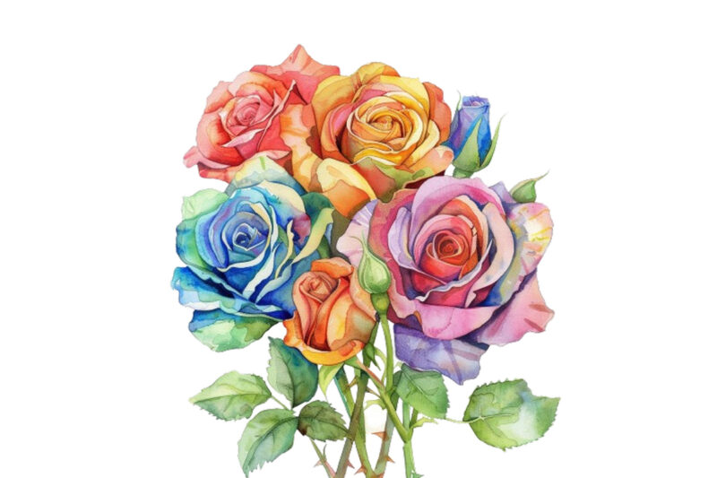 Watercolor Bunch of Rainbow Roses Clipart