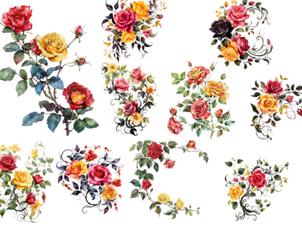 Watercolor black red yellow pink roses vine clipart t shirt design for sale