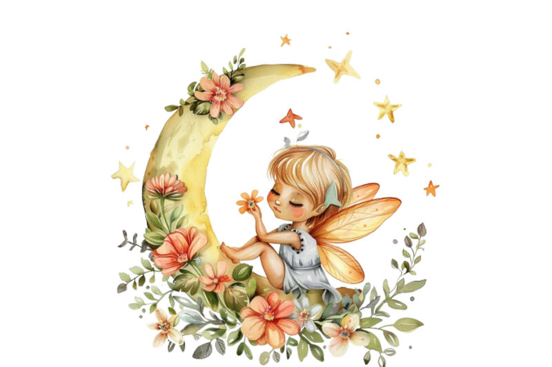 Watercolor Cartoon Baby Fairy With Flowers and the Moon