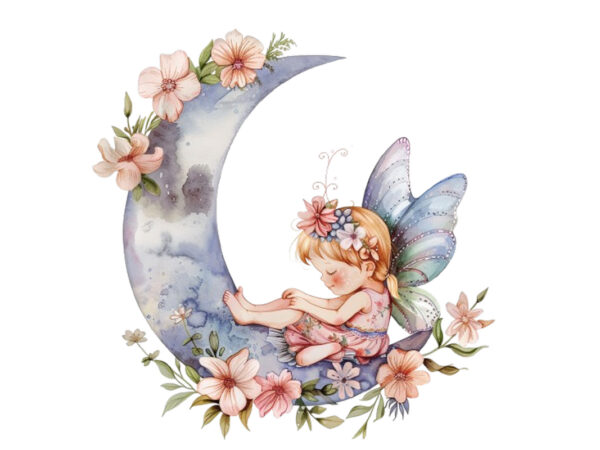 Watercolor cartoon baby fairy with flowers and the moon t shirt design for sale