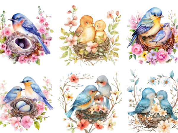 Watercolor cartoon mom and baby bird on nest with flower t shirt design for sale