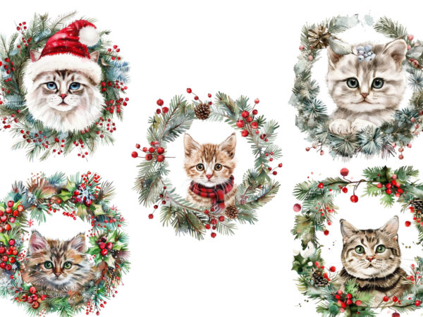 Watercolor christmas cat wreath t shirt design for sale