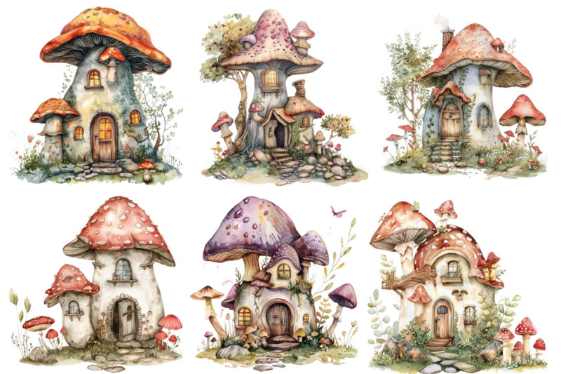 Watercolor Fairy House in Mushroom Clipart