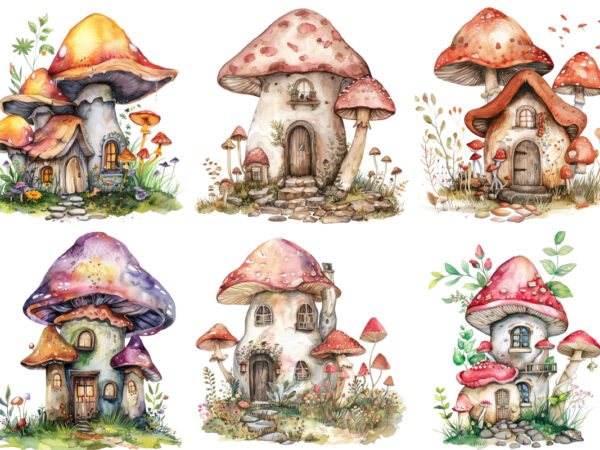 Watercolor fairy house in mushroom clipart t shirt design for sale