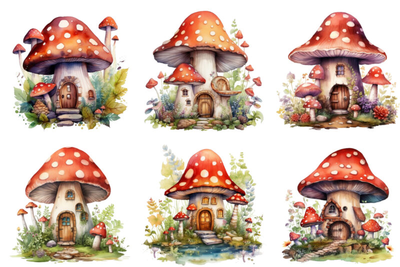 Watercolor Fairy House in Mushroom Clipart