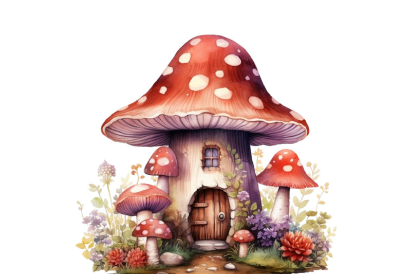 Watercolor Fairy House in Mushroom Clipart