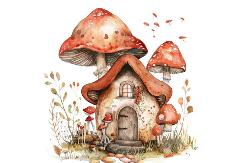 Watercolor Fairy House in Mushroom Clipart