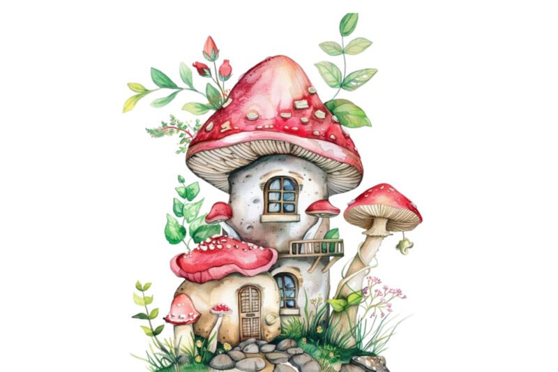 Watercolor Fairy House in Mushroom Clipart