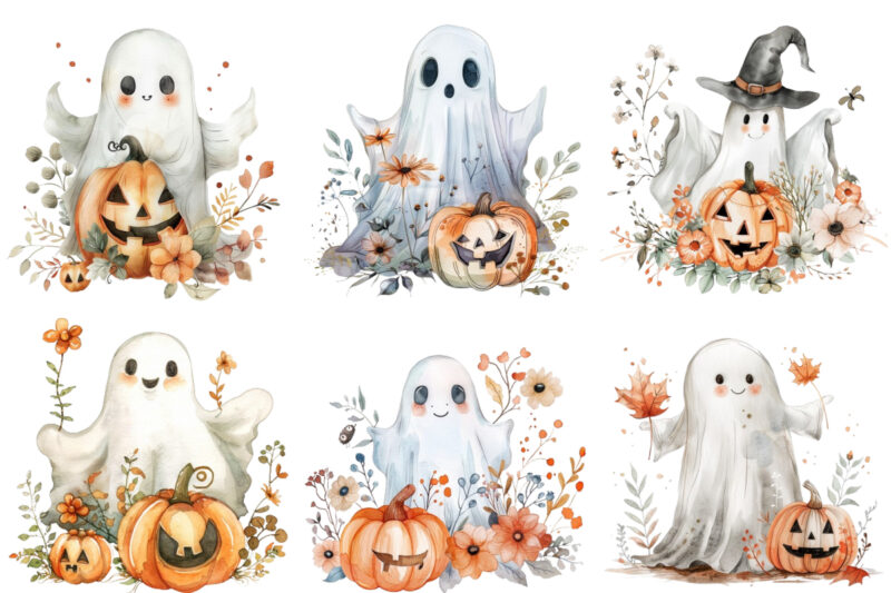 Watercolor Halloween Cute Ghost with Pumpkin