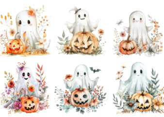 Watercolor Halloween Cute Ghost with Pumpkin t shirt design for sale