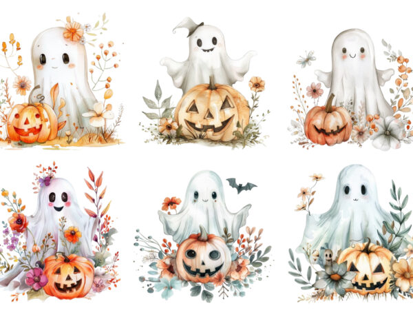 Watercolor halloween cute ghost with pumpkin t shirt design for sale