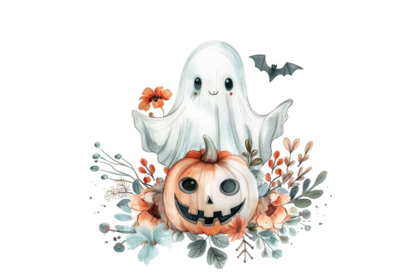 Watercolor Halloween Cute Ghost with Pumpkin