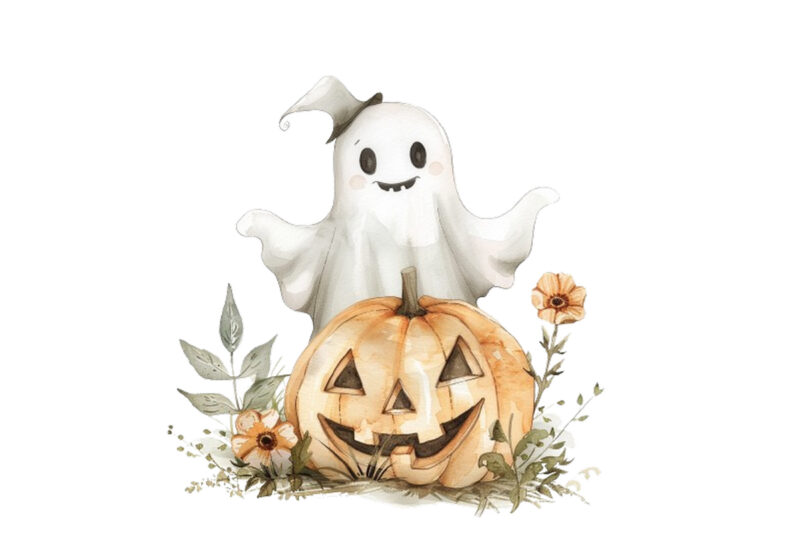 Watercolor Halloween Cute Ghost with Pumpkin