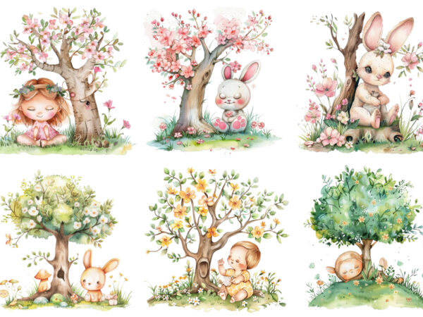 Watercolor cute easter bunny with tree clipart t shirt design for sale