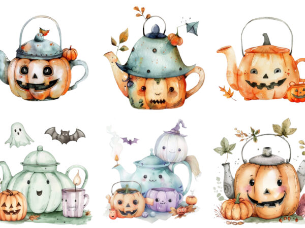Watercolor kawaii halloween tea pot t shirt design for sale