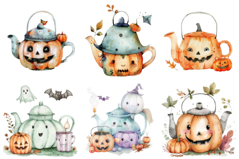 Watercolor Kawaii Halloween tea pot