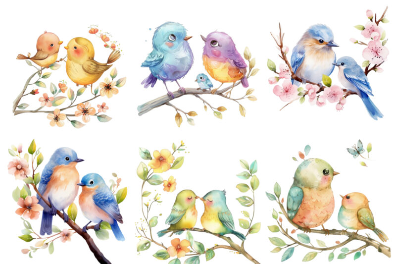 watercolor cartoon Funny Mom and Baby Bird on Branch
