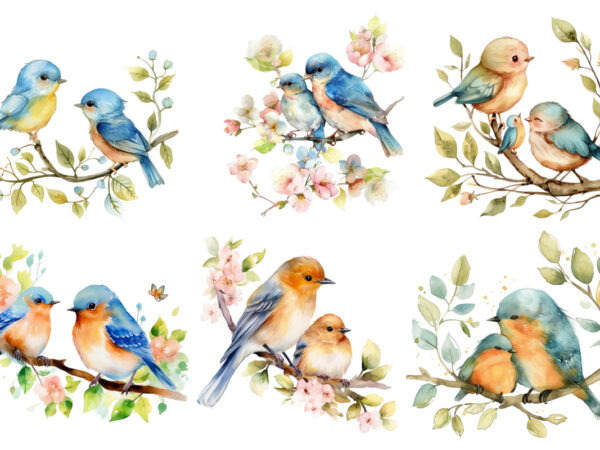 Watercolor cartoon funny mom and baby bird on branch t shirt design for sale