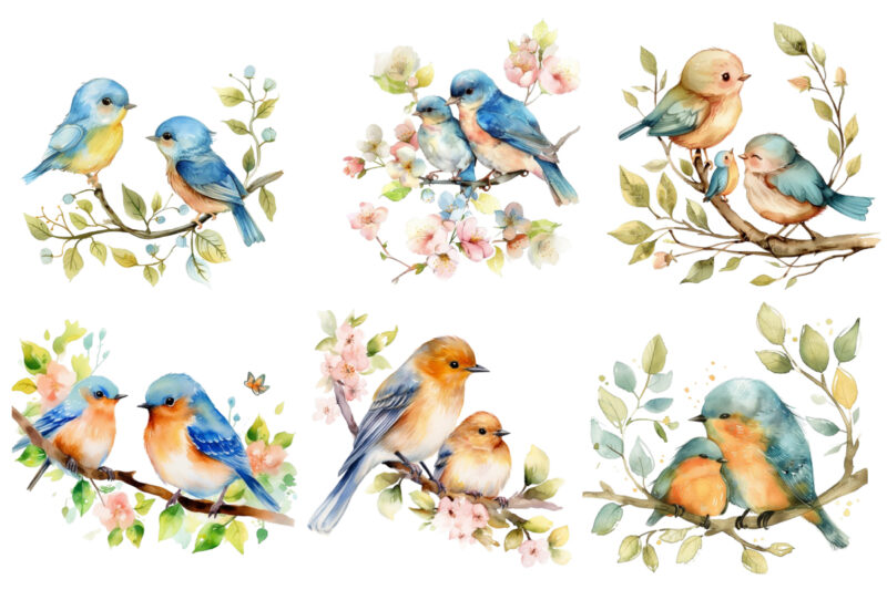 watercolor cartoon Funny Mom and Baby Bird on Branch