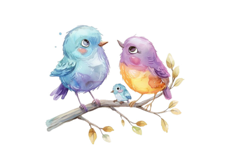 watercolor cartoon Funny Mom and Baby Bird on Branch