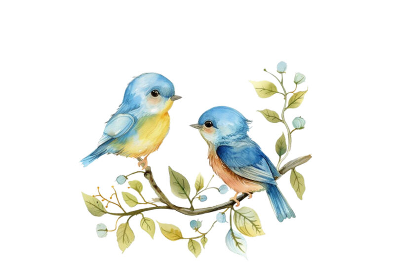 watercolor cartoon Funny Mom and Baby Bird on Branch