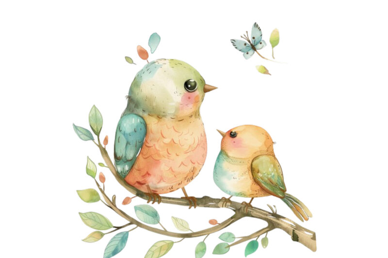 watercolor cartoon Funny Mom and Baby Bird on Branch
