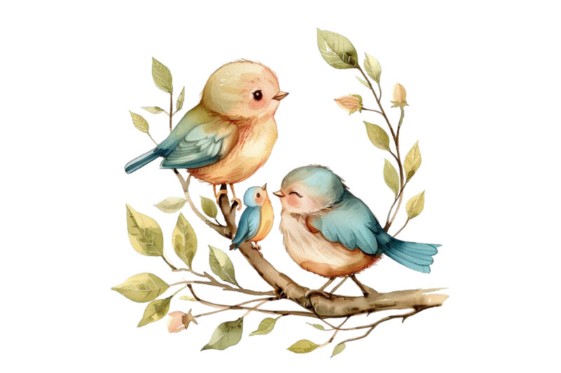 watercolor cartoon Funny Mom and Baby Bird on Branch