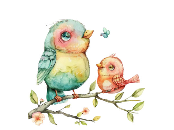 Watercolor cartoon funny mom and baby bird on branch t shirt design for sale