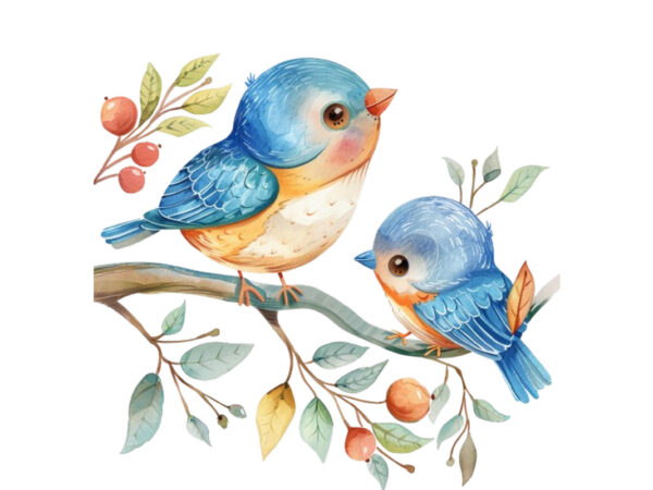 Watercolor cartoon funny mom and baby bird on branch t shirt design for sale