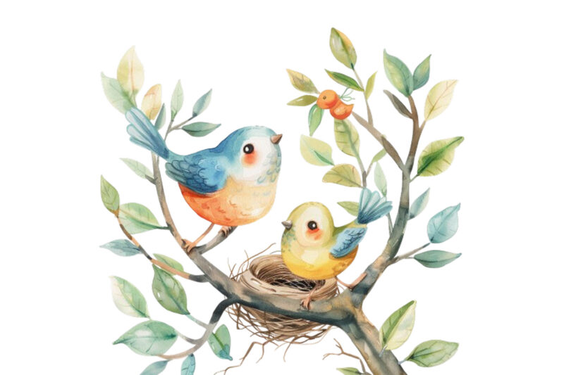 watercolor colourful cartoon cute mom and baby bird