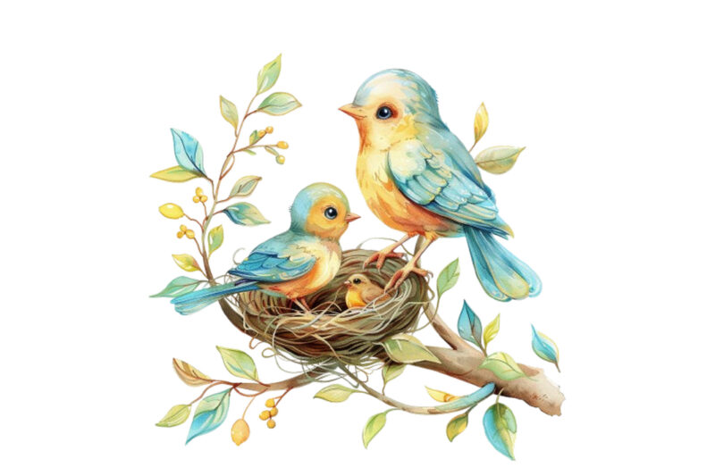 watercolor colourful cartoon cute mom and baby bird