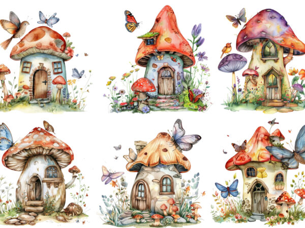 Watercolor colourful fairy house in mashroom t shirt design for sale