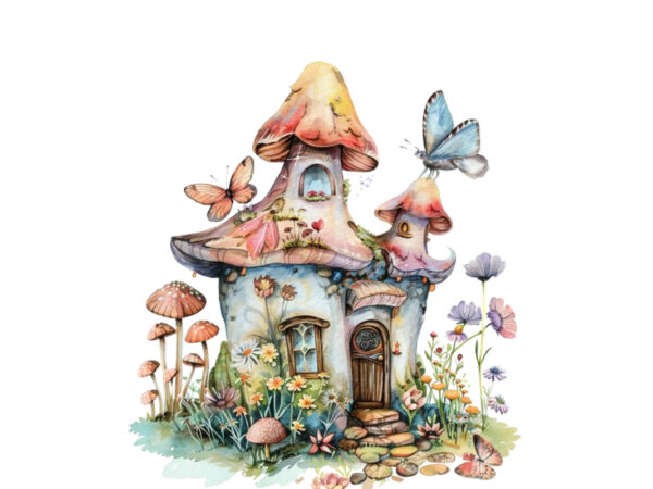 Watercolor colourful fairy house in mashroom t shirt design for sale
