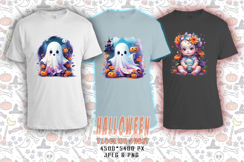 100 Retro Halloween Party with Flourish Ghost t-shirt designs mega bundle