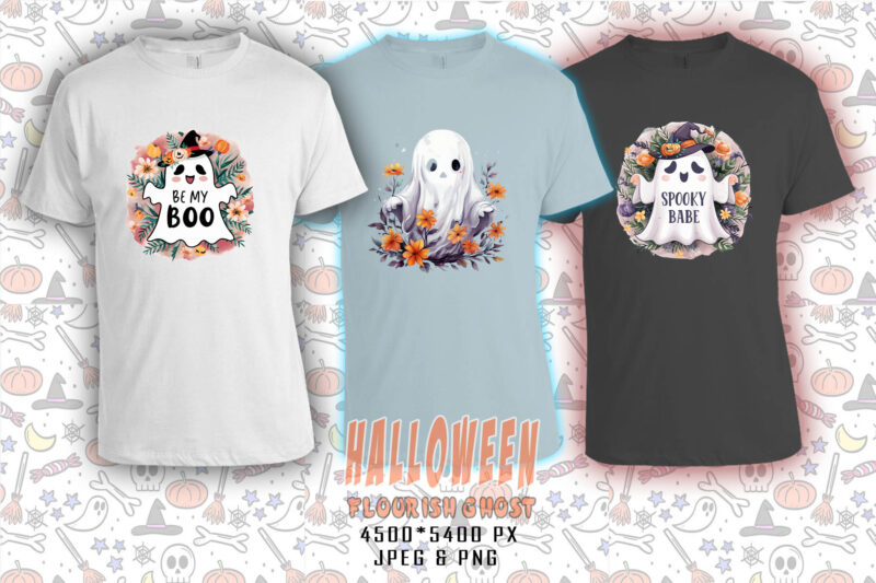100 Retro Halloween Party with Flourish Ghost t-shirt designs mega bundle