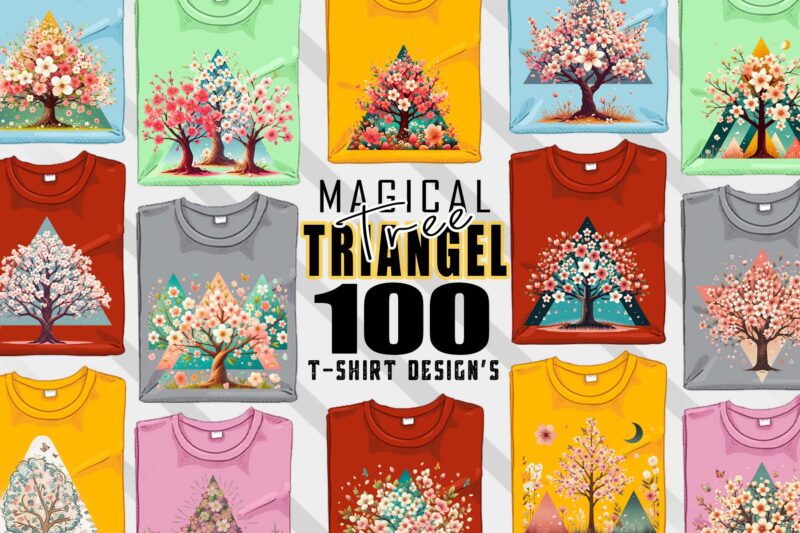 Magical Triangle Tree t-shirt design bundle with 100 designs – download instantly Retro Vintage Illustration T-shirt Clipart Mega Bundle