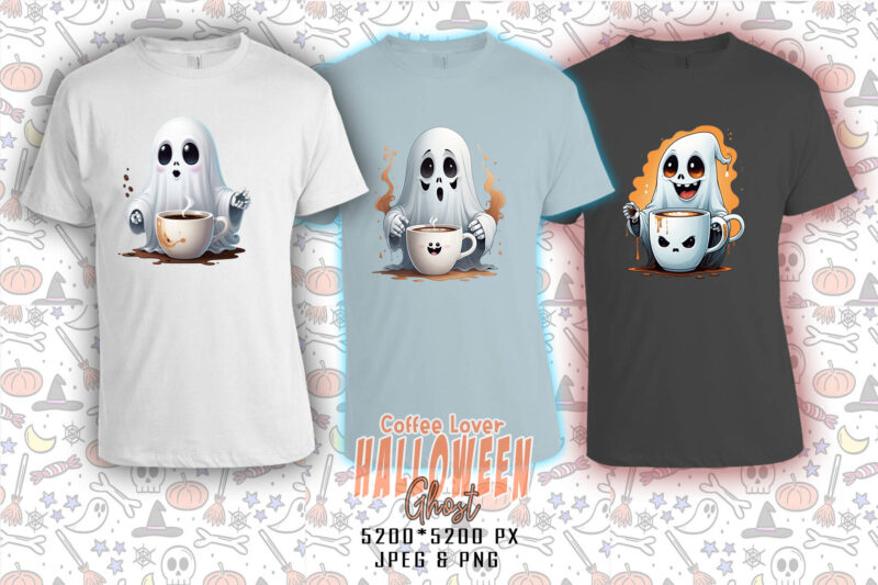 Magical Halloween Spooky Ghost with Coffee Cup of Halloween t-shirt design bundle of 20 designs