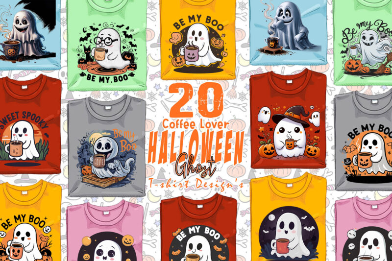 Abstract Coffee Lover Ghost Halloween t-shirt design bundle of 20 png & jpeg designs – download instantly Retro Vintage T-shirt Design