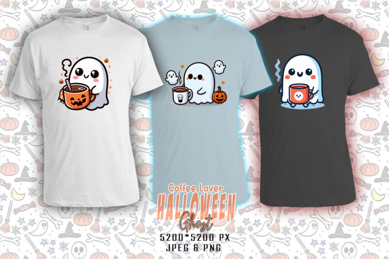 Magical Halloween Spooky Ghost with Coffee Cup of Halloween t-shirt design bundle of 20 designs – download instantly Retro Vintage Illustrat