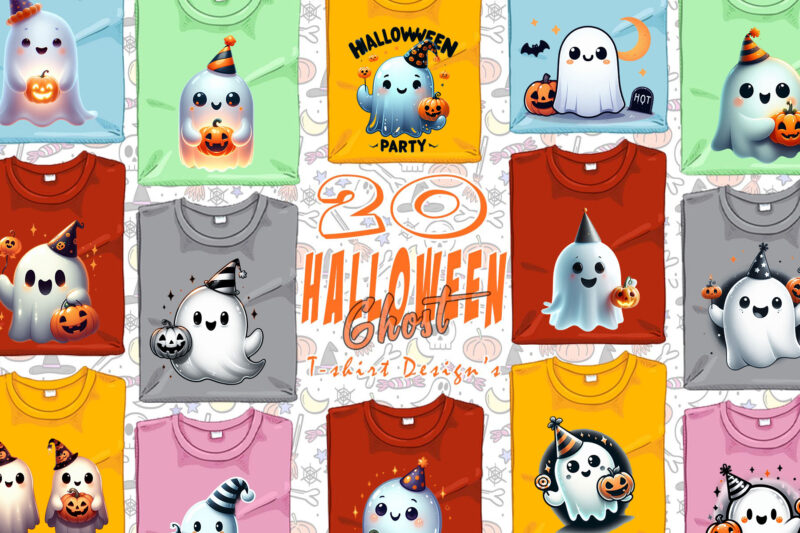 Colourful Trendy Halloween Party with Ghost t-shirt design bundle of 20 designs