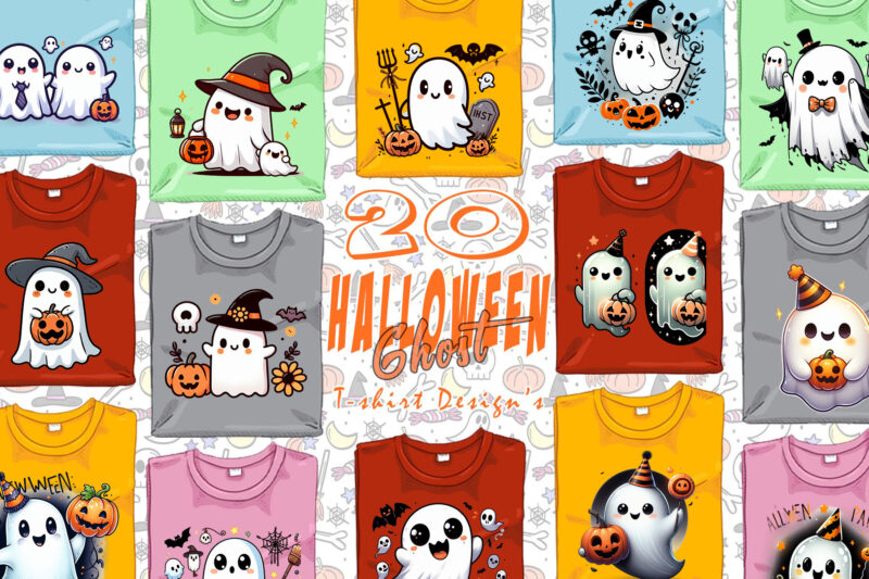 Trendy Spooky Halloween Ghost t-shirt design bundle of 20 png & jpeg designs – download instantly Retro Vintage Trendy T-shirt Design