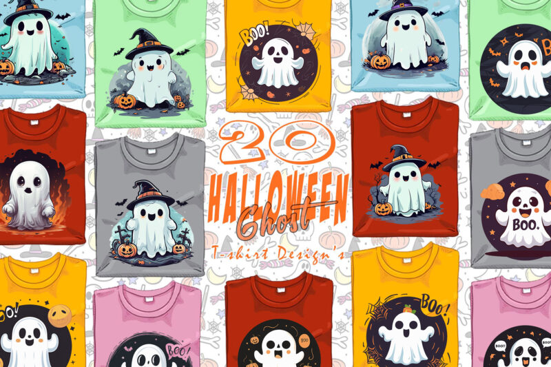 Trendy Retro Halloween Ghost t-shirt design bundle of 20 designs – download instantly