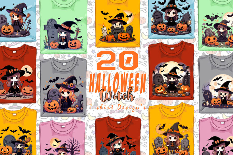 20 Retro Halloween Witch Lady t-shirt design bundle