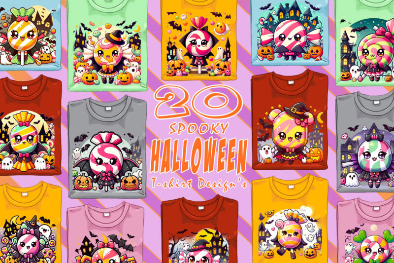 Colourful Halloween Candy Ghost t-shirt design bundle with 20 designs – download instantly Retro Vintage T-shirt