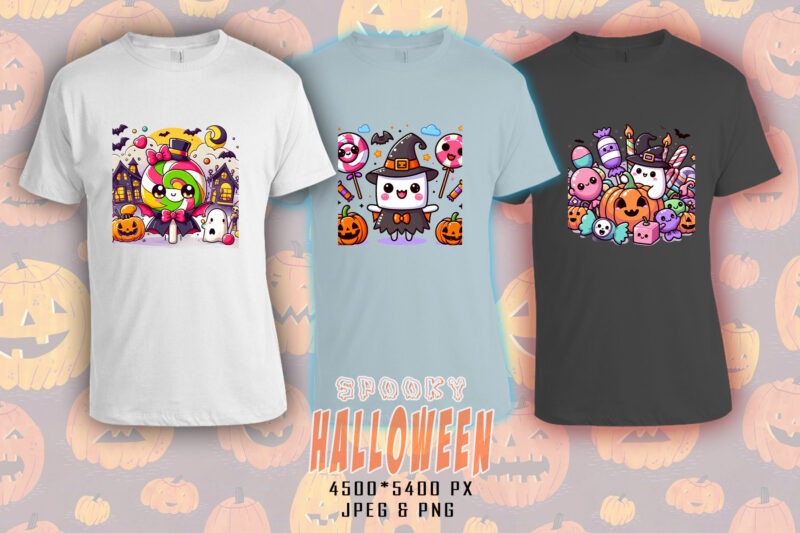 Colourful Halloween Candy Ghost t-shirt design bundle with 20 png & jpeg designs – download instantly Retro Vintage T-shirt Bundle