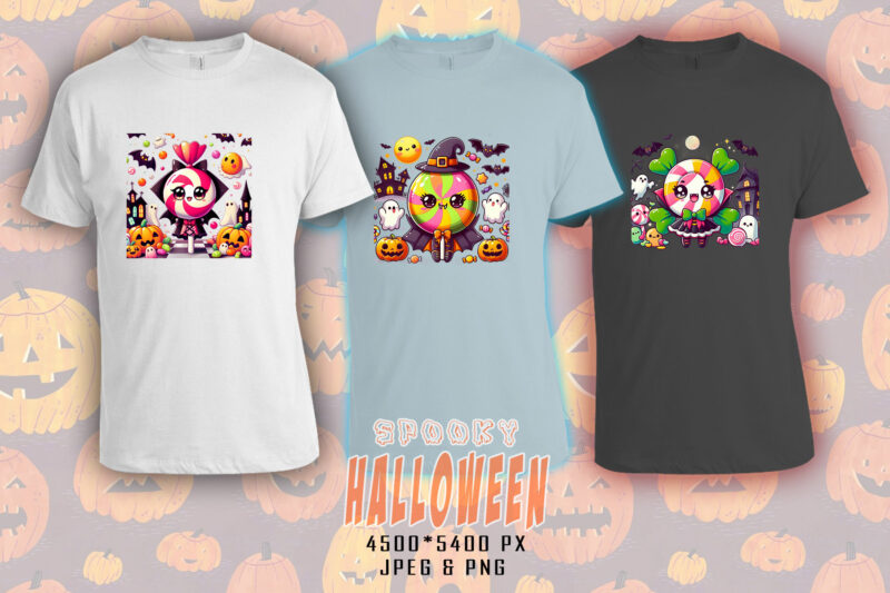 Colourful Halloween Candy Ghost t-shirt design bundle with 20 designs – download instantly Retro Vintage T-shirt