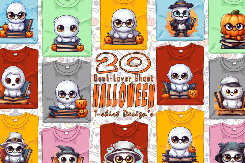 Colourful Halloween Bookish Ghost t-shirt design bundle with 20 designs – download instantly Retro Vintage T-shirt Illustration